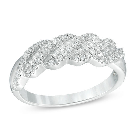 3/8 CT. T.w. Baguette and Round Diamond Twist Anniversary Band in 14K White Gold