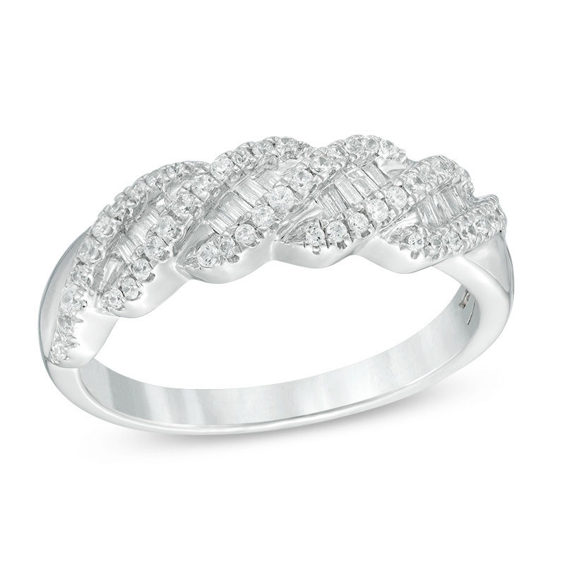 Main Image 1 of 3/8 CT. T.W. Baguette and Round Diamond Twist Anniversary Band in 14K White Gold
