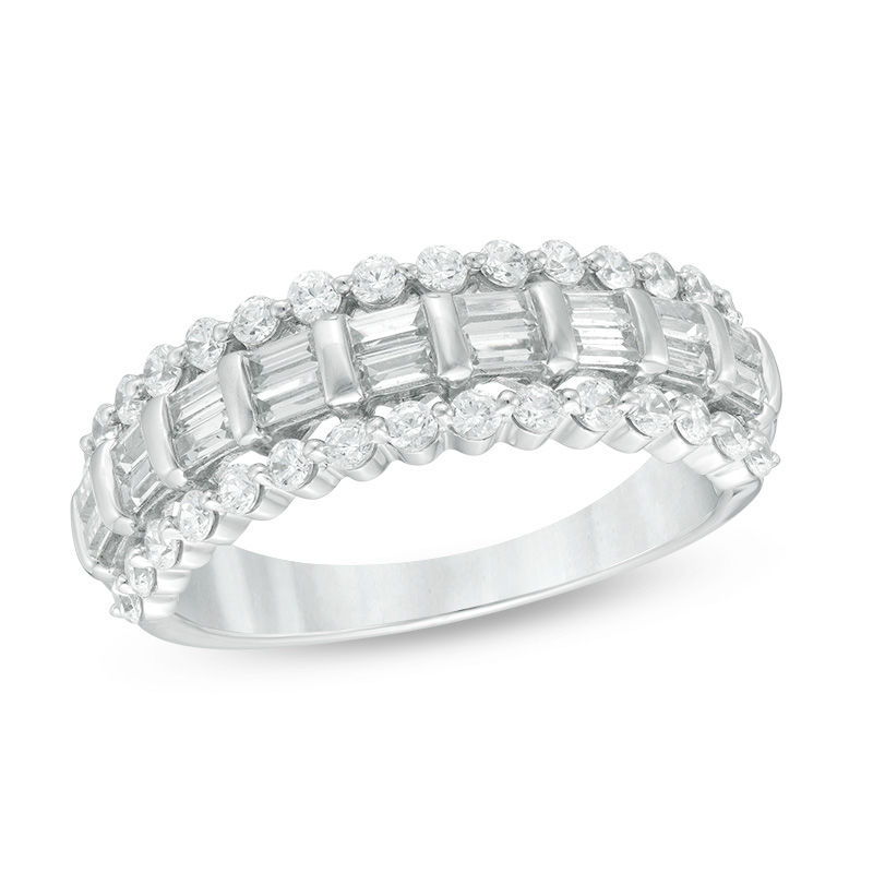 1 CT. T.W. Baguette and Round Diamond Multi-Row Anniversary Band in 14K White Gold