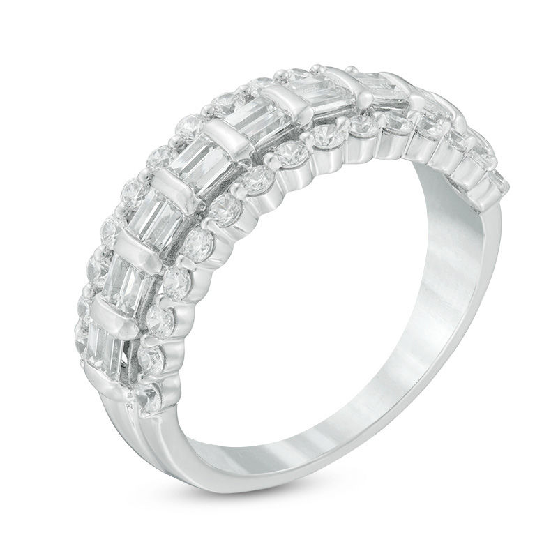 Main Image 2 of 1 CT. T.W. Baguette and Round Diamond Multi-Row Anniversary Band in 14K White Gold