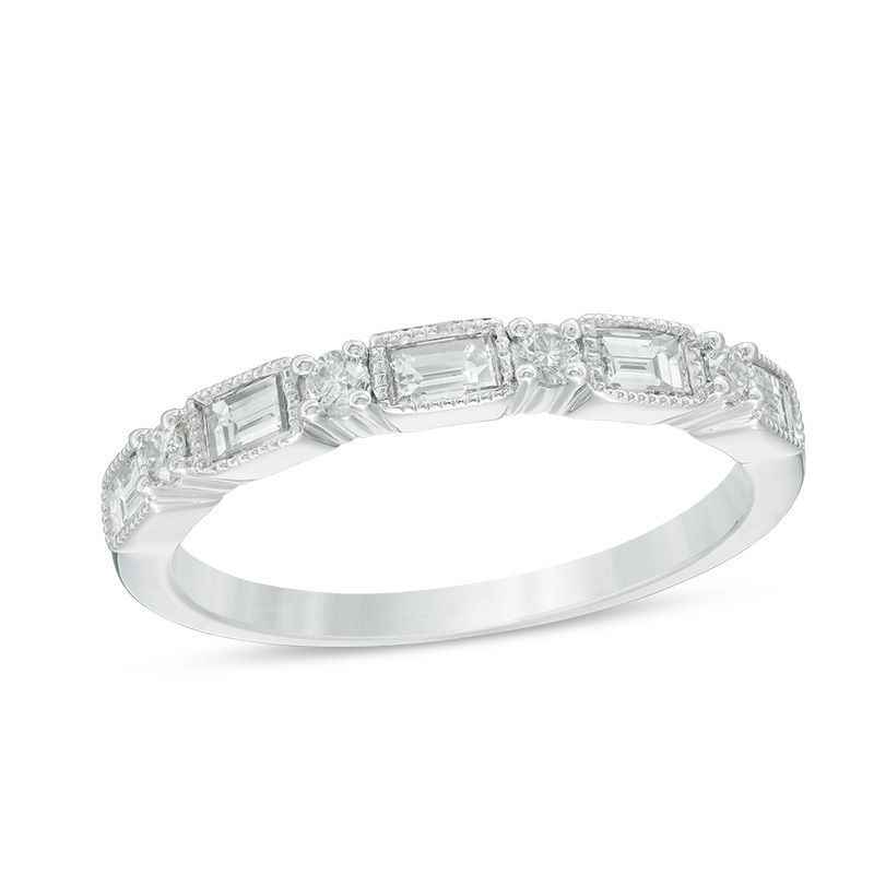 Main Image 1 of 1/2 CT. T.W. Baguette and Round Diamond Vintage-Style Wedding Band in 14K White Gold