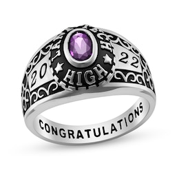 Oval Simulated Birthstone Antique Ornate Class Ring in Sterling Silver