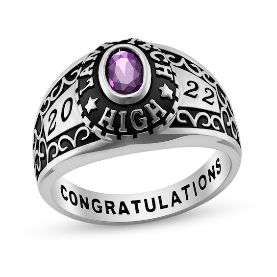 Oval Simulated Birthstone Antique Ornate Class Ring in Sterling Silver