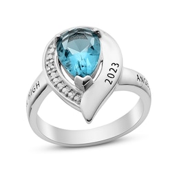 Pear-Shaped Simulated Birthstone and Diamond Accent Beaded Frame Class Ring (1 Stone and 2 Lines)