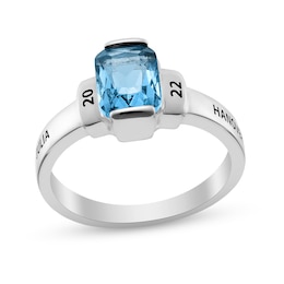 Emerald-Cut Simulated Birthstone Collared Class Ring in Sterling Silver (4 Lines)