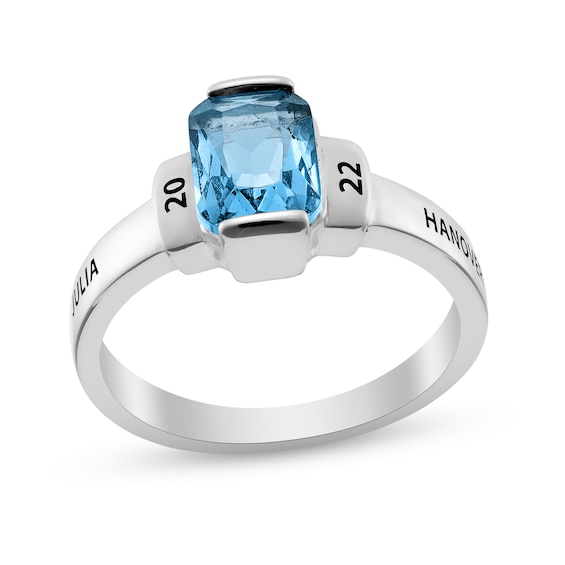 Emerald-Cut Simulated Birthstone Collared Class Ring in Sterling Silver (4 Lines)