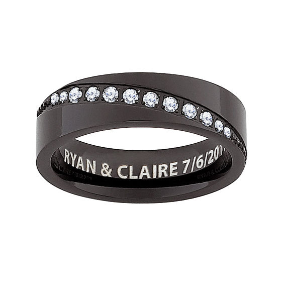 6.0mm Diagonal Cubic Zirconia Engravable Wedding Band in Titanium with Black IP (1 Line)