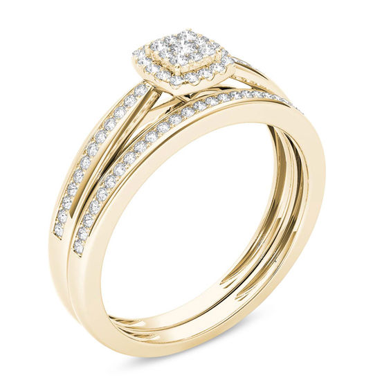 1/4 CT. T.w. Composite Diamond Cushion Frame Bridal Set in 14K Gold