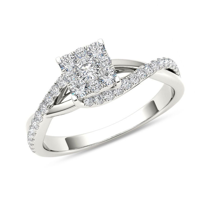 1/2 CT. T.W. Composite Diamond Square Bypass Twist Shank Engagement Ring in 14K White Gold