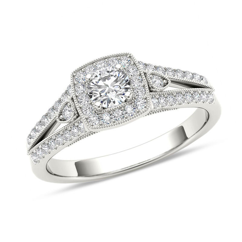 1/2 CT. T.W. Diamond Cushion Frame Split Shank Vintage-Style Engagement Ring in 14K White Gold