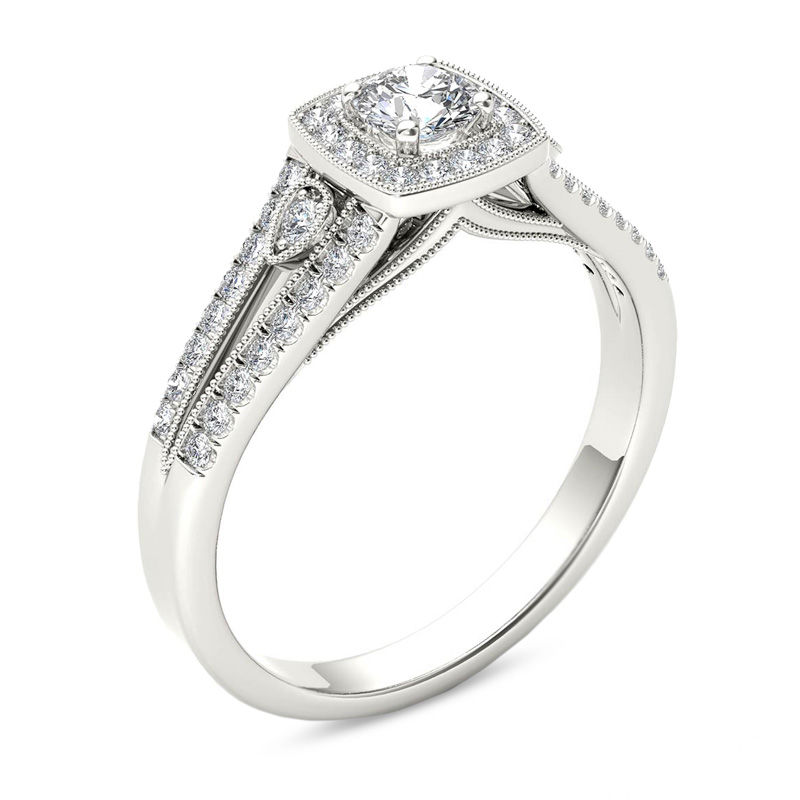 1/2 CT. T.W. Diamond Cushion Frame Split Shank Vintage-Style Engagement Ring in 14K White Gold
