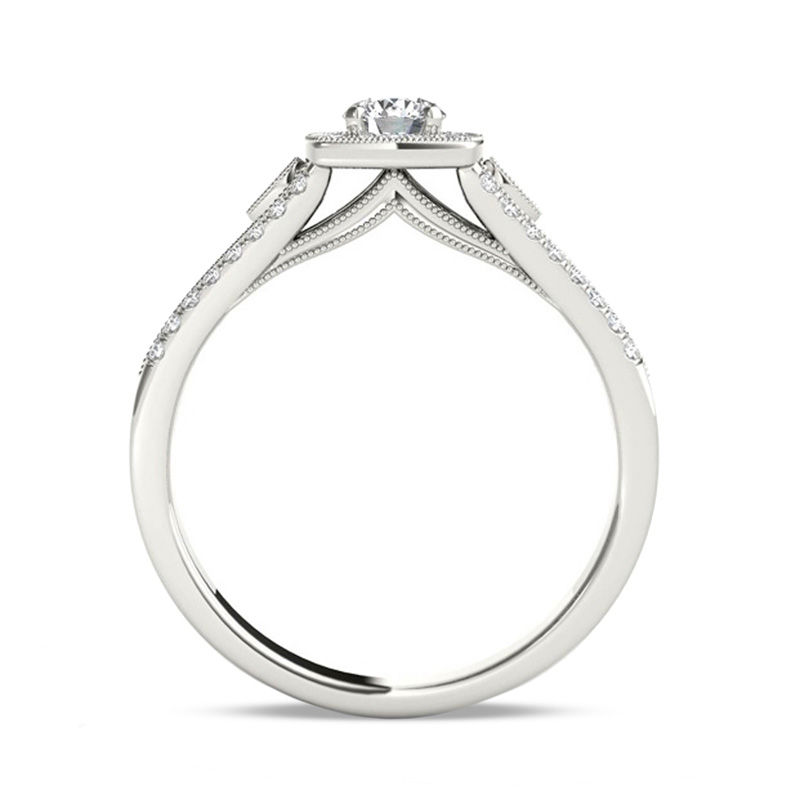 1/2 CT. T.W. Diamond Cushion Frame Split Shank Vintage-Style Engagement Ring in 14K White Gold