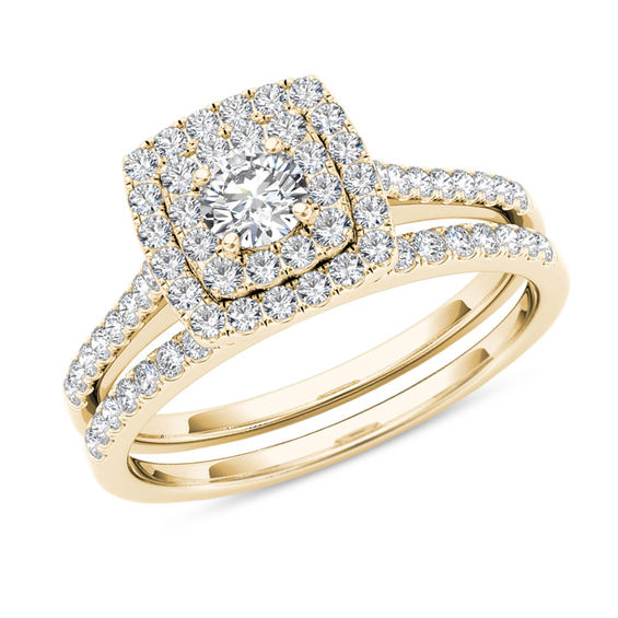 3/4 CT. T.W. Diamond Double Cushion Frame Bridal Set in 14K Gold ...