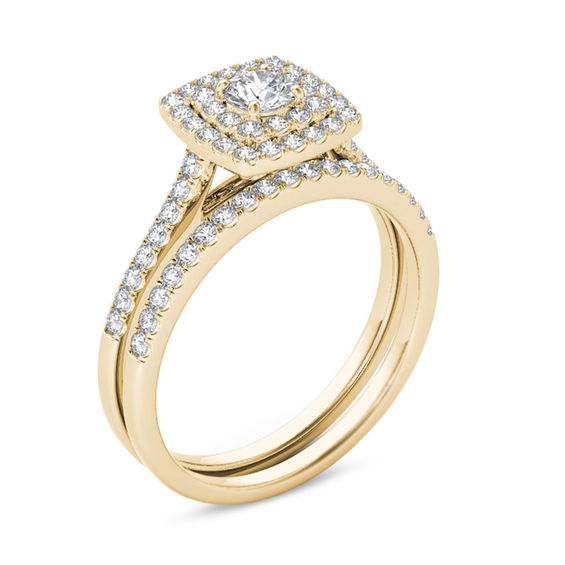 3/4 CT. T.w. Diamond Double Cushion Frame Bridal Set in 14K Gold