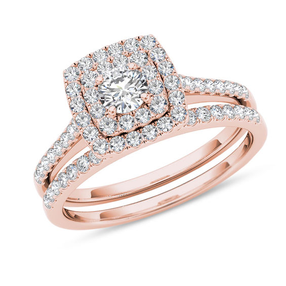 3/4 CT. T.W. Diamond Double Cushion Frame Bridal Set in 14K Rose Gold ...