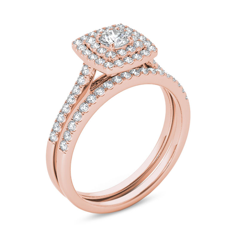 3/4 CT. T.W. Diamond Double Cushion Frame Bridal Set in 14K Rose Gold