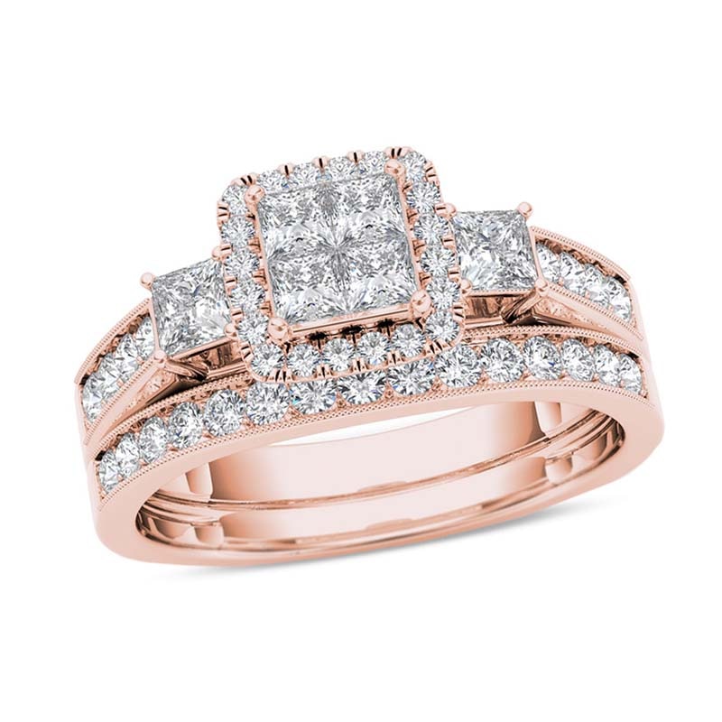 1 CT. T.W. Quad Princess-Cut Diamond Three Stone Frame Vintage-Style Bridal Set in 14K Rose Gold