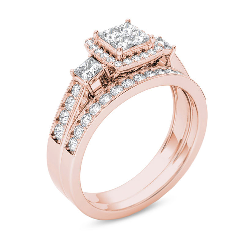 1 CT. T.W. Quad Princess-Cut Diamond Three Stone Frame Vintage-Style Bridal Set in 14K Rose Gold