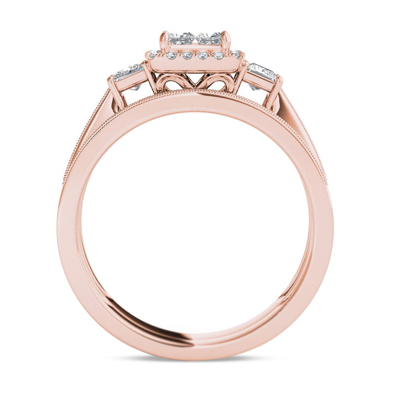 Main Image 3 of 1 CT. T.W. Quad Princess-Cut Diamond Three Stone Frame Vintage-Style Bridal Set in 14K Rose Gold