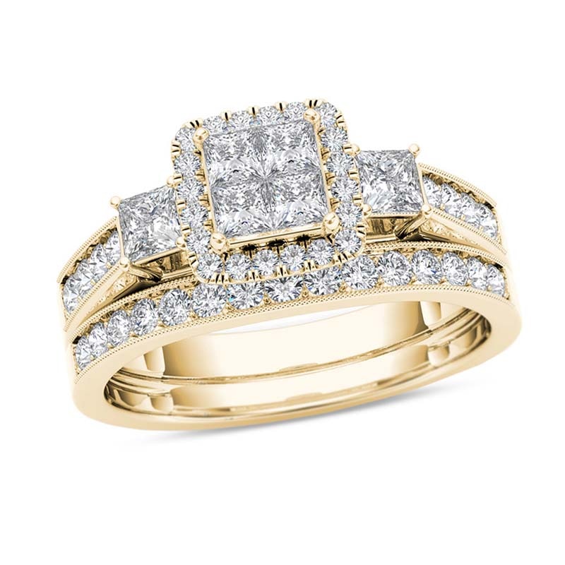 1 CT. T.W. Quad Princess-Cut Diamond Three Stone Frame Vintage-Style Bridal Set in 14K Gold