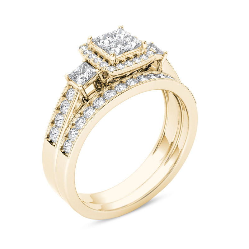 1 CT. T.W. Quad Princess-Cut Diamond Three Stone Frame Vintage-Style Bridal Set in 14K Gold