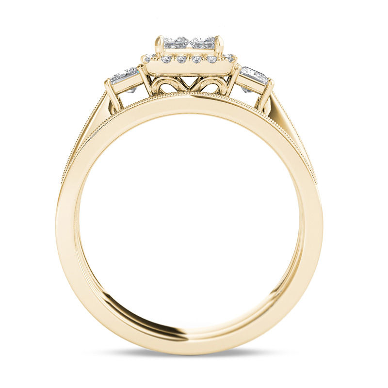 1 CT. T.W. Quad Princess-Cut Diamond Three Stone Frame Vintage-Style Bridal Set in 14K Gold
