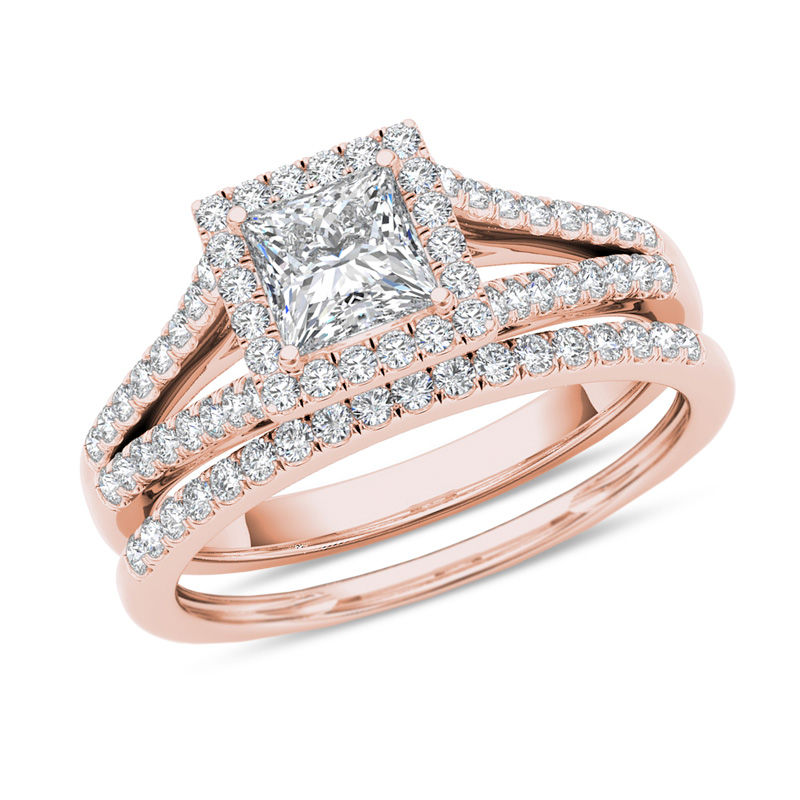Main Image 1 of 1 CT. T.W. Princess-Cut Diamond Frame Split Shank Bridal Set in 14K Rose Gold