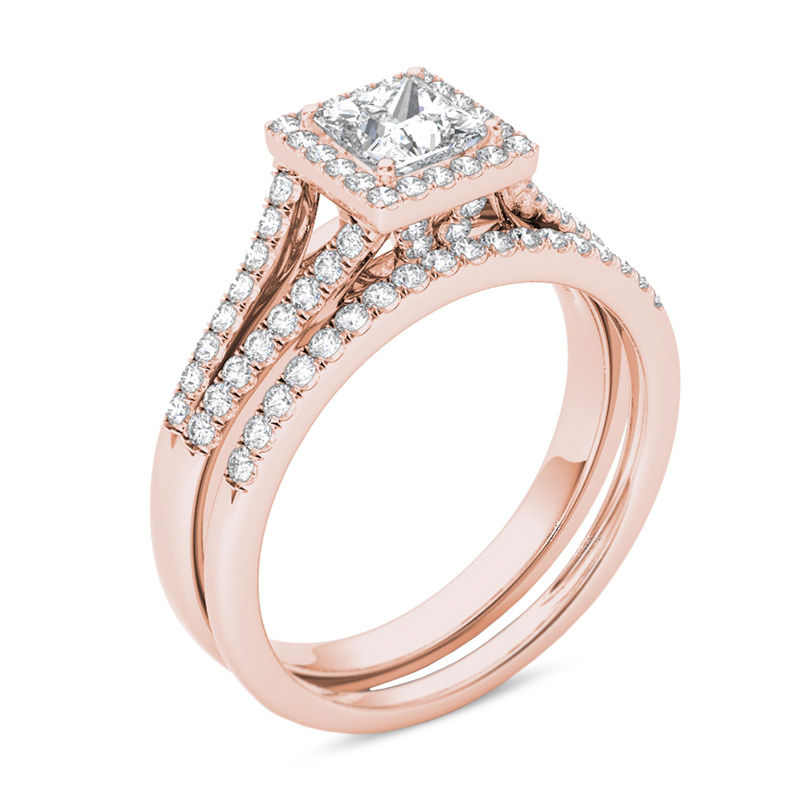 Main Image 2 of 1 CT. T.W. Princess-Cut Diamond Frame Split Shank Bridal Set in 14K Rose Gold