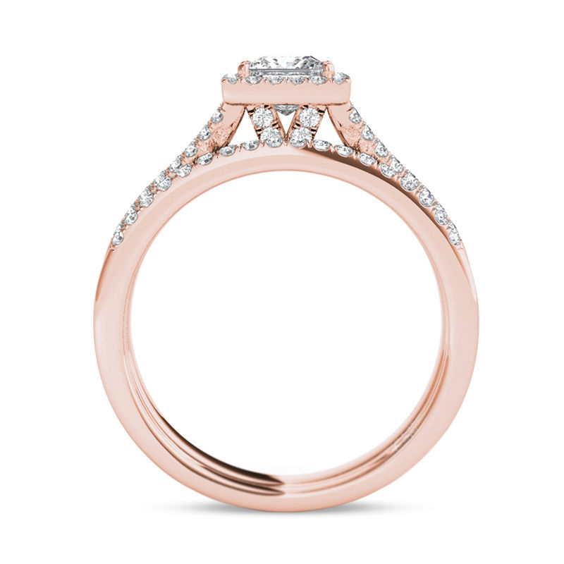 Main Image 3 of 1 CT. T.W. Princess-Cut Diamond Frame Split Shank Bridal Set in 14K Rose Gold