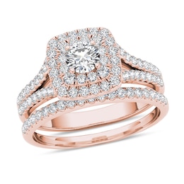 1 CT. T.W. Diamond Double Cushion Frame Split Shank Bridal Set in 14K Rose Gold