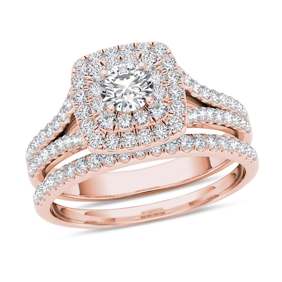 1 CT. T.w. Diamond Double Cushion Frame Split Shank Bridal Set in 14K Rose Gold