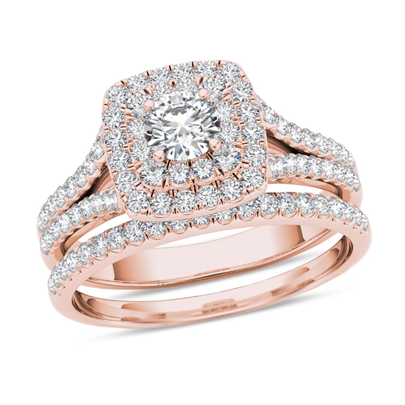 1 CT. T.W. Diamond Double Cushion Frame Split Shank Bridal Set in 14K Rose Gold