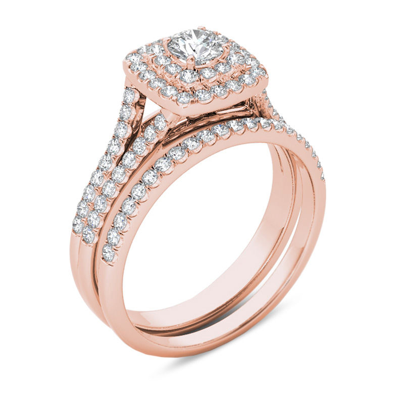 Main Image 2 of 1 CT. T.W. Diamond Double Cushion Frame Split Shank Bridal Set in 14K Rose Gold