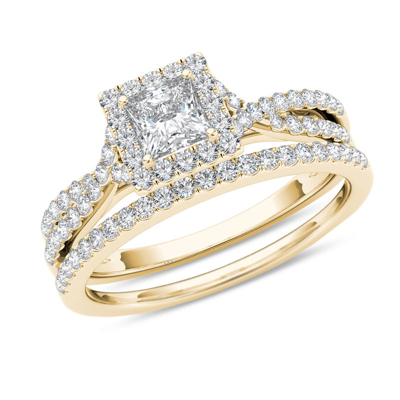 1 CT. T.W. Princess-Cut Diamond Frame Twist Bridal Set in 14K Gold