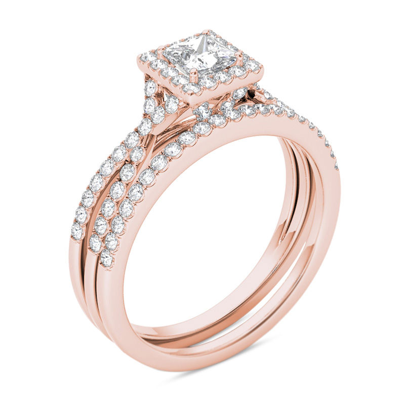 Main Image 2 of 1 CT. T.W. Princess-Cut Diamond Frame Twist Bridal Set in 14K Rose Gold