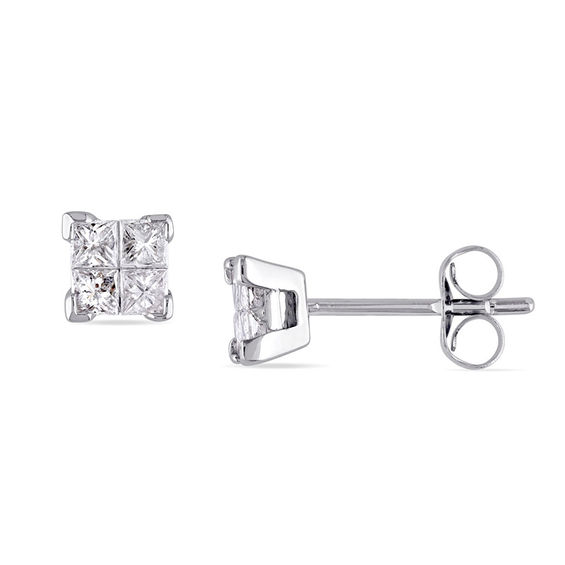 1 2 Ct T W Quad Princess Cut Diamond Stud Earrings In 10k White 1 2 Ct T W Quad Princess Cut Diamond Stud Earrings In 10k White