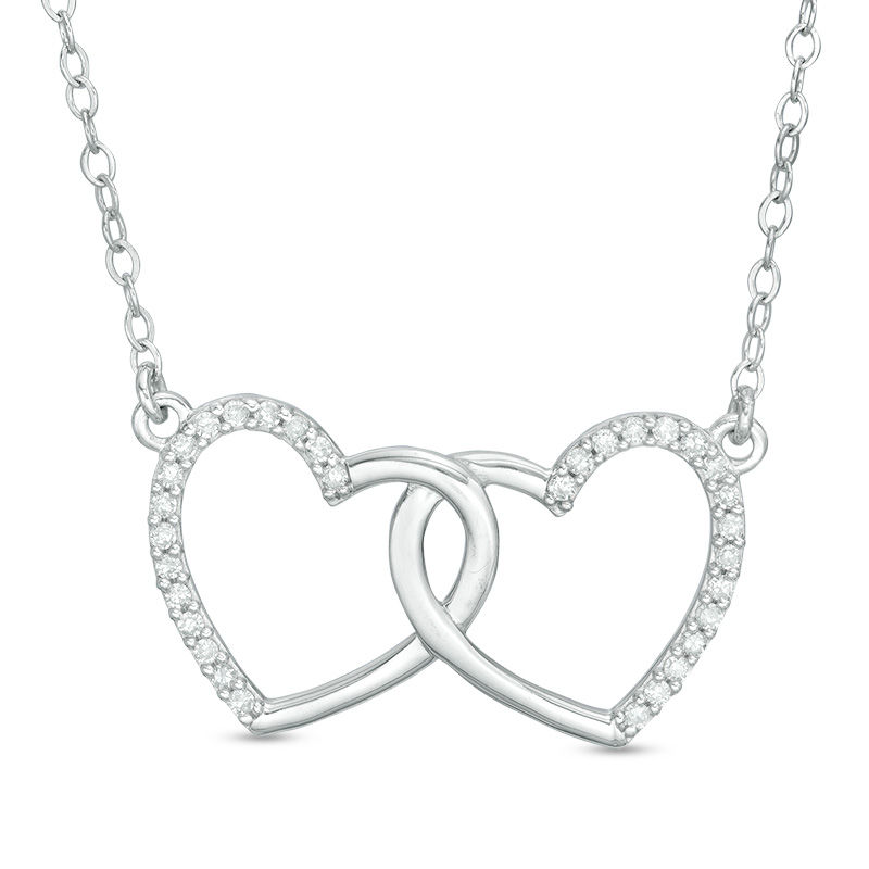 Main Image 1 of 1/8 CT. T.W. Diamond Interlocking Hearts Necklace in 10K White Gold