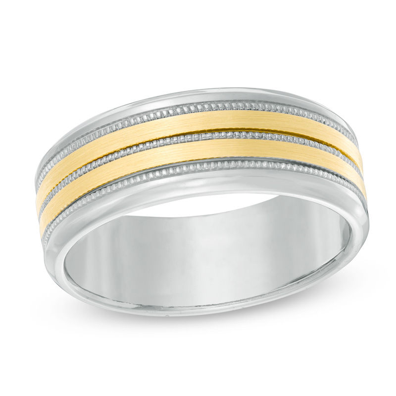 Main Image 1 of Men's 8.0mm Striped Satin Comfort Fit Wedding Band in 10K Two-Tone Gold - Size 10