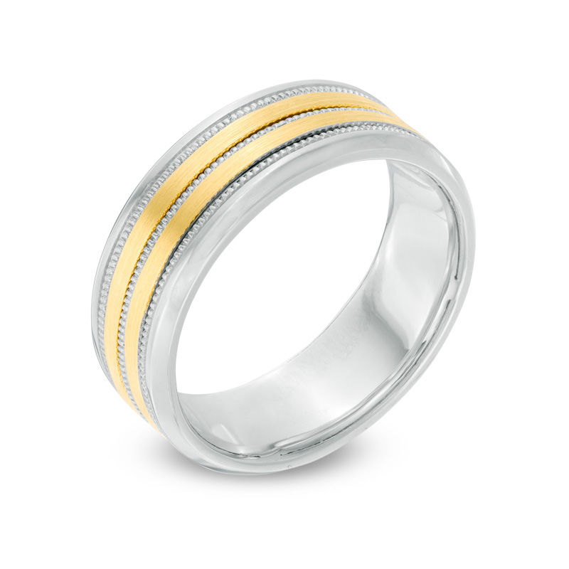 Main Image 2 of Men's 8.0mm Striped Satin Comfort Fit Wedding Band in 10K Two-Tone Gold - Size 10