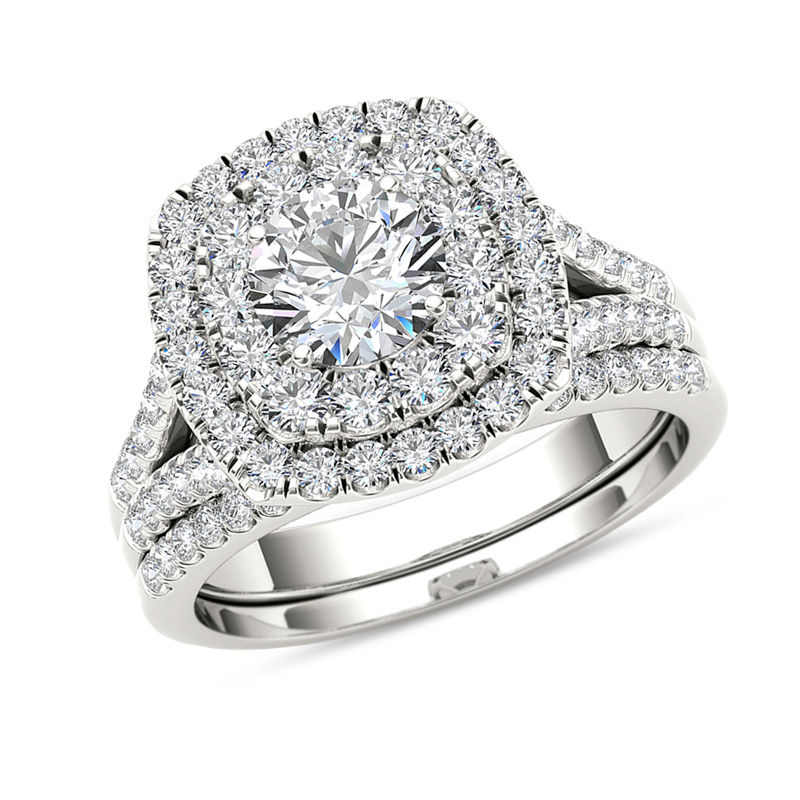2 Ct T W Diamond Double Cushion Frame Split Shank Bridal Set In T W Diamond Double Cushion Frame Split Shank Bridal Set In 14k White Gold