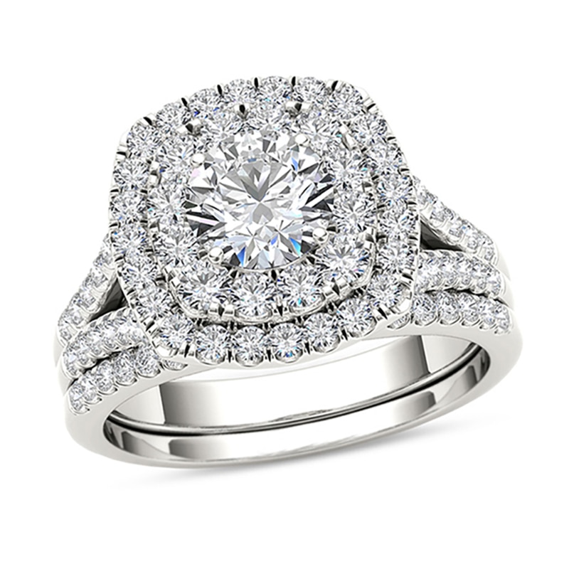 Main Image 1 of 2 CT. T.W. Diamond Double Cushion Frame Split Shank Bridal Set in 14K White Gold
