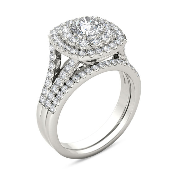 2 CT. T.w. Diamond Double Cushion Frame Split Shank Bridal Set in 14K Gold