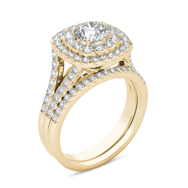 Main Image 2 of 2 CT. T.W. Diamond Double Cushion Frame Split Shank Bridal Set in 14K Gold