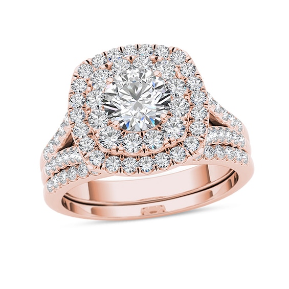 2 CT. T.w. Diamond Double Cushion Frame Split Shank Bridal Set in 14K Rose Gold