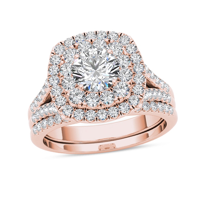 Main Image 1 of 2 CT. T.W. Diamond Double Cushion Frame Split Shank Bridal Set in 14K Rose Gold