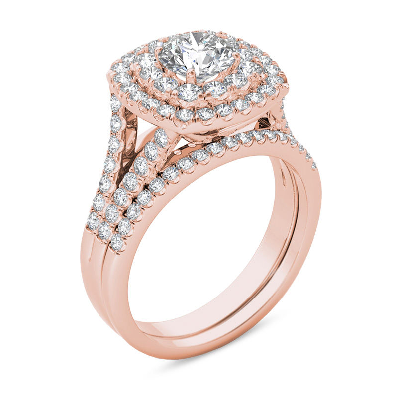 Main Image 2 of 2 CT. T.W. Diamond Double Cushion Frame Split Shank Bridal Set in 14K Rose Gold