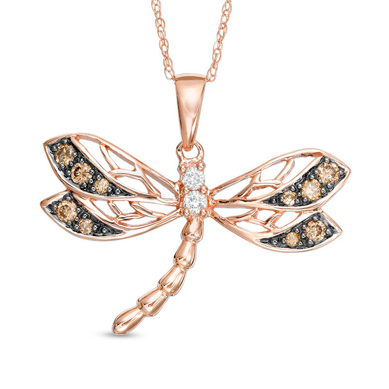 1/4 CT. T.W. Champagne and White Diamond Dragonfly Pendant in 10K Rose Gold