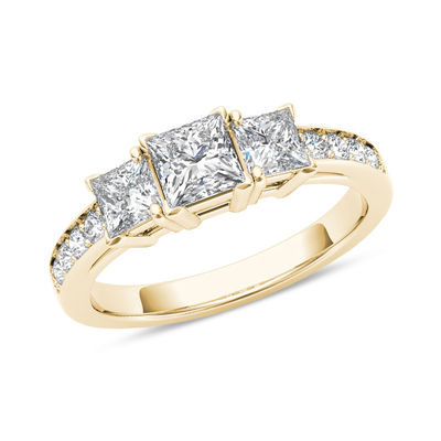 14K Yellow Gold Princess Cut Center Stone White CZ 3 Three Stone Engagement Ring 