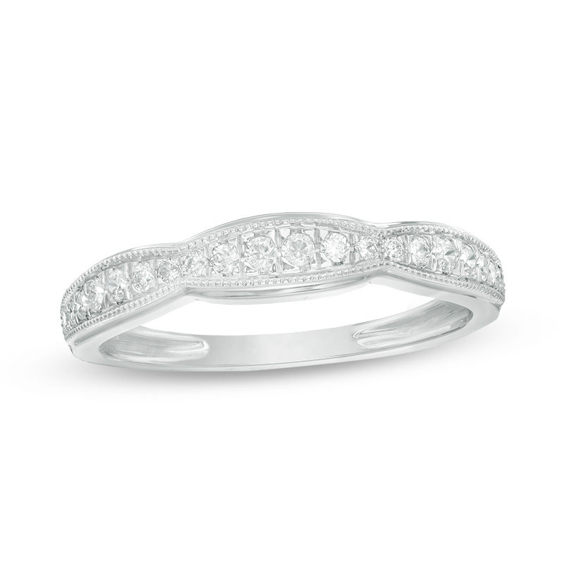Main Image 1 of 1/5 CT. T.W. Diamond Scallop Edge Vintage-Style Wedding Band in 10K White Gold