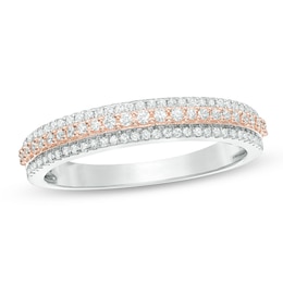 1/4 CT. T.W. Diamond Three Row Wedding Band in 10K White Gold and Rose Rhodium